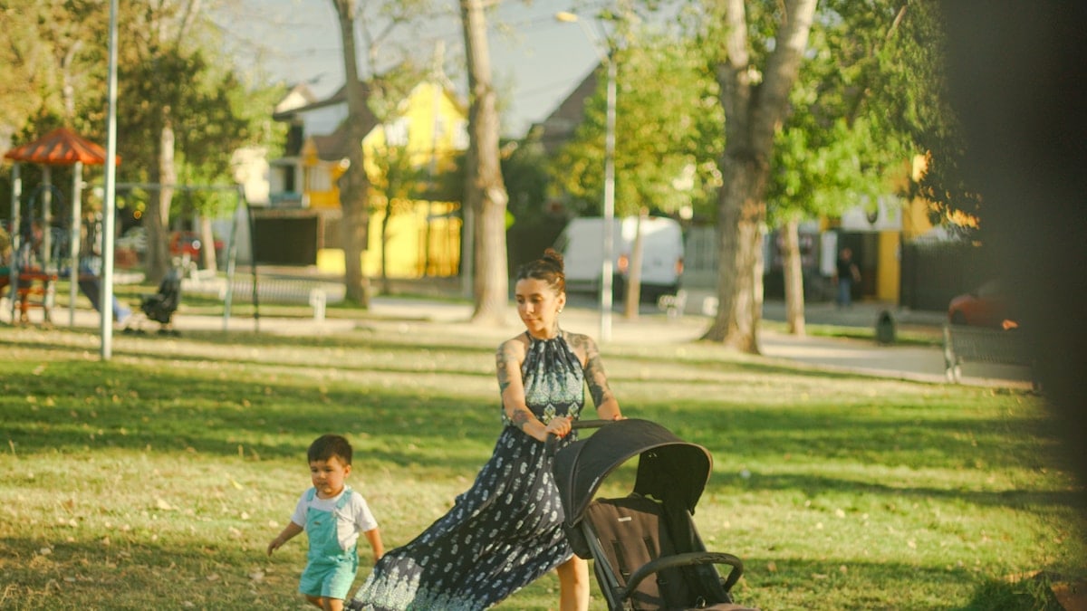 a woman pushing a stroller with a child in a park